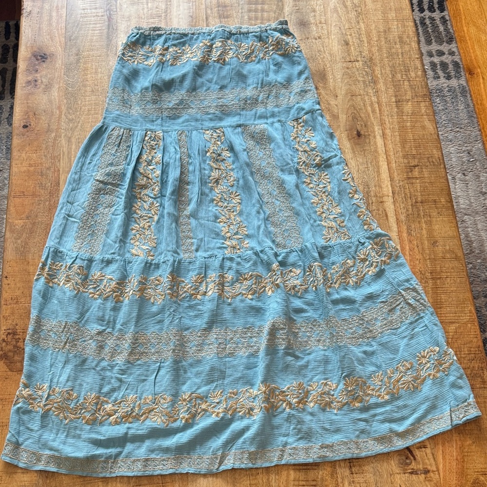 HALE BOB Embroidered sky blue Teal and Gold A-Line flare maxi Skirt NWT